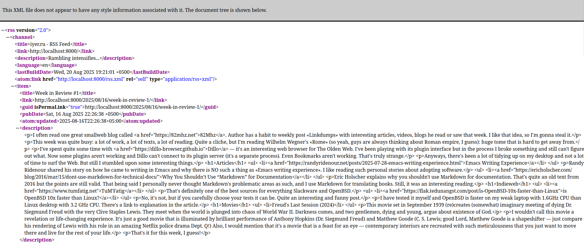 RSS feed without XSL opened in Firefox